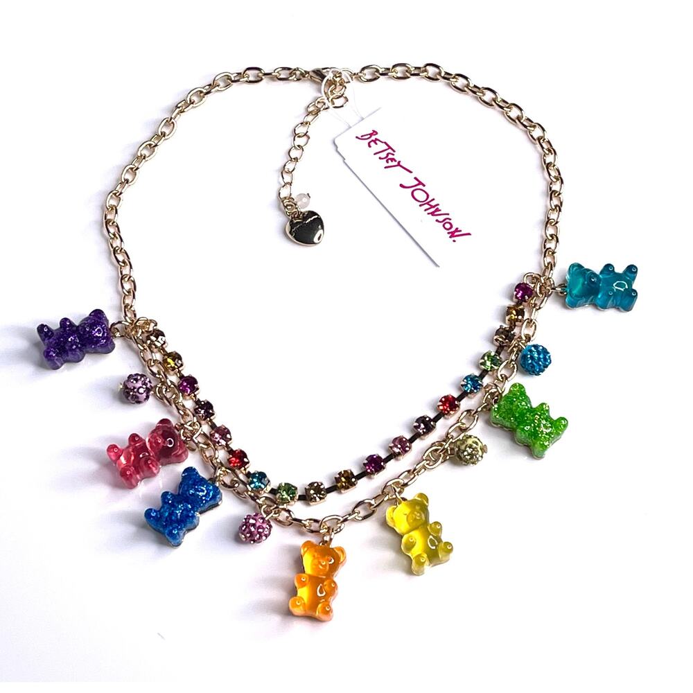 Betsey Johnson GUMMY BEAR & STONE NECKLACE Layer Gold Chain Multi Color Glitter